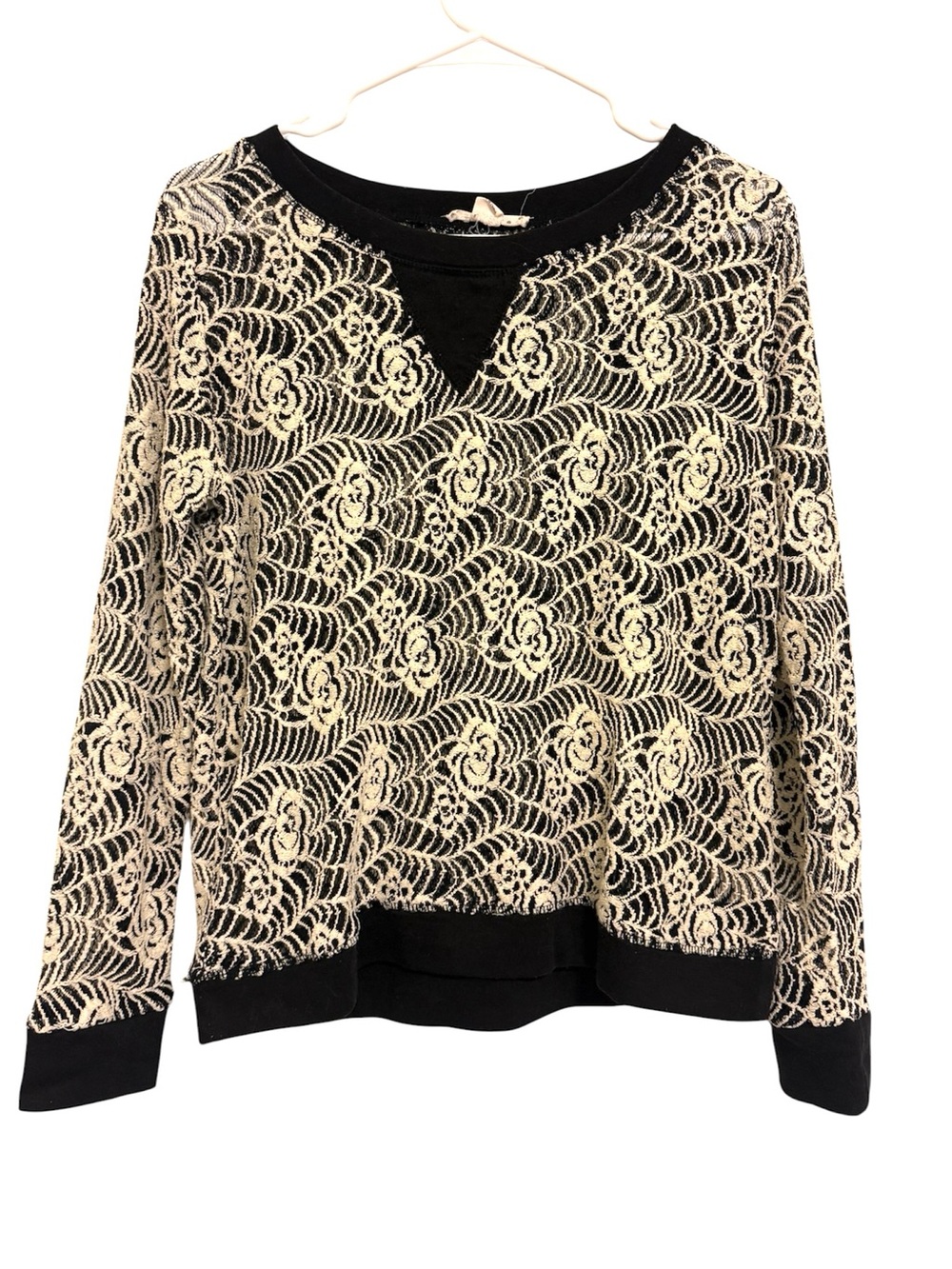 2/$30 Very J Black Cream Floral Lace Sweatshirt Top Medium Boho Romantic